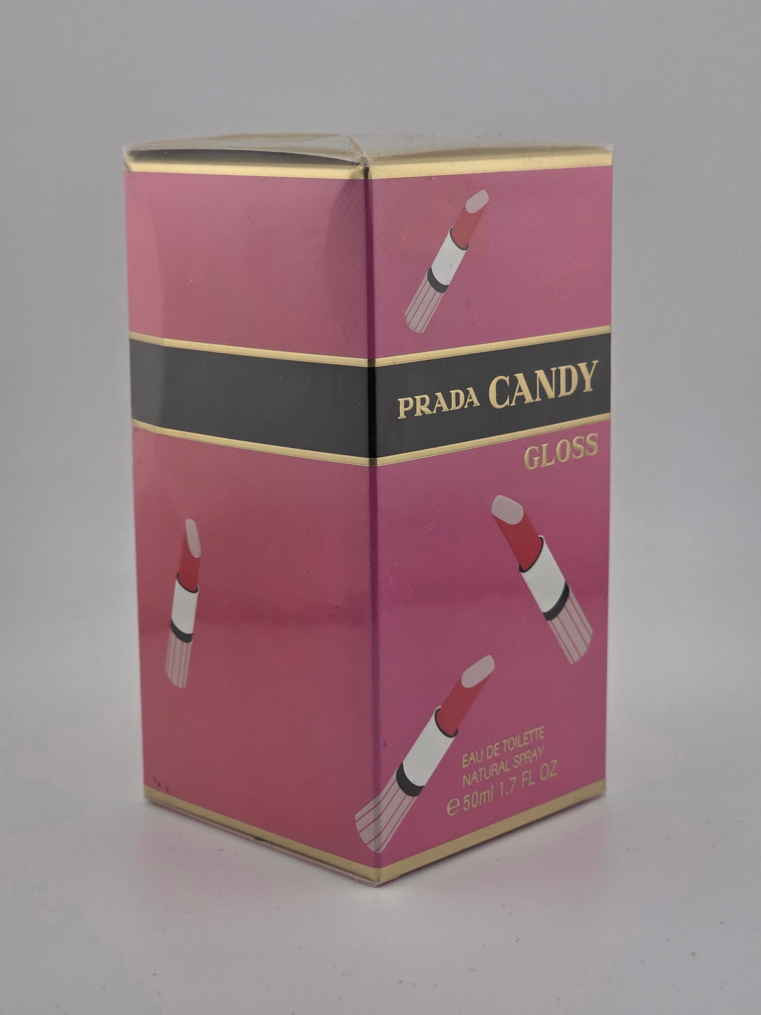 Prada Candy Gloss Eau de Toilette 50ml, seltene Rarität, pinke Vintage-Verpackung mit Lippenstift-Design.