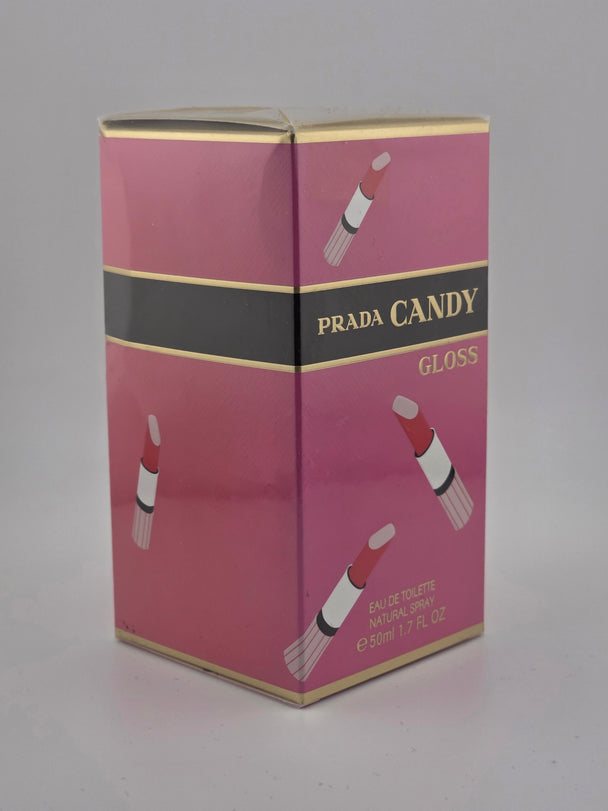 Prada Candy Gloss Eau de Toilette 50ml, seltene Rarität, pinke Vintage-Verpackung mit Lippenstift-Design.