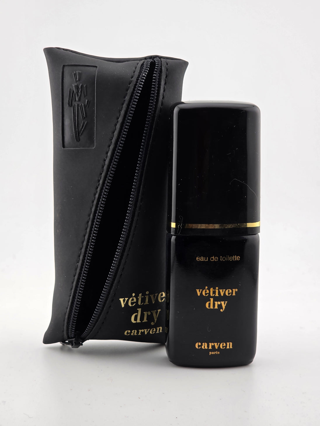 Vintage Carven Vétiver Dry Eau de Toilette Miniatur mit schwarzem Etui, Rarität
